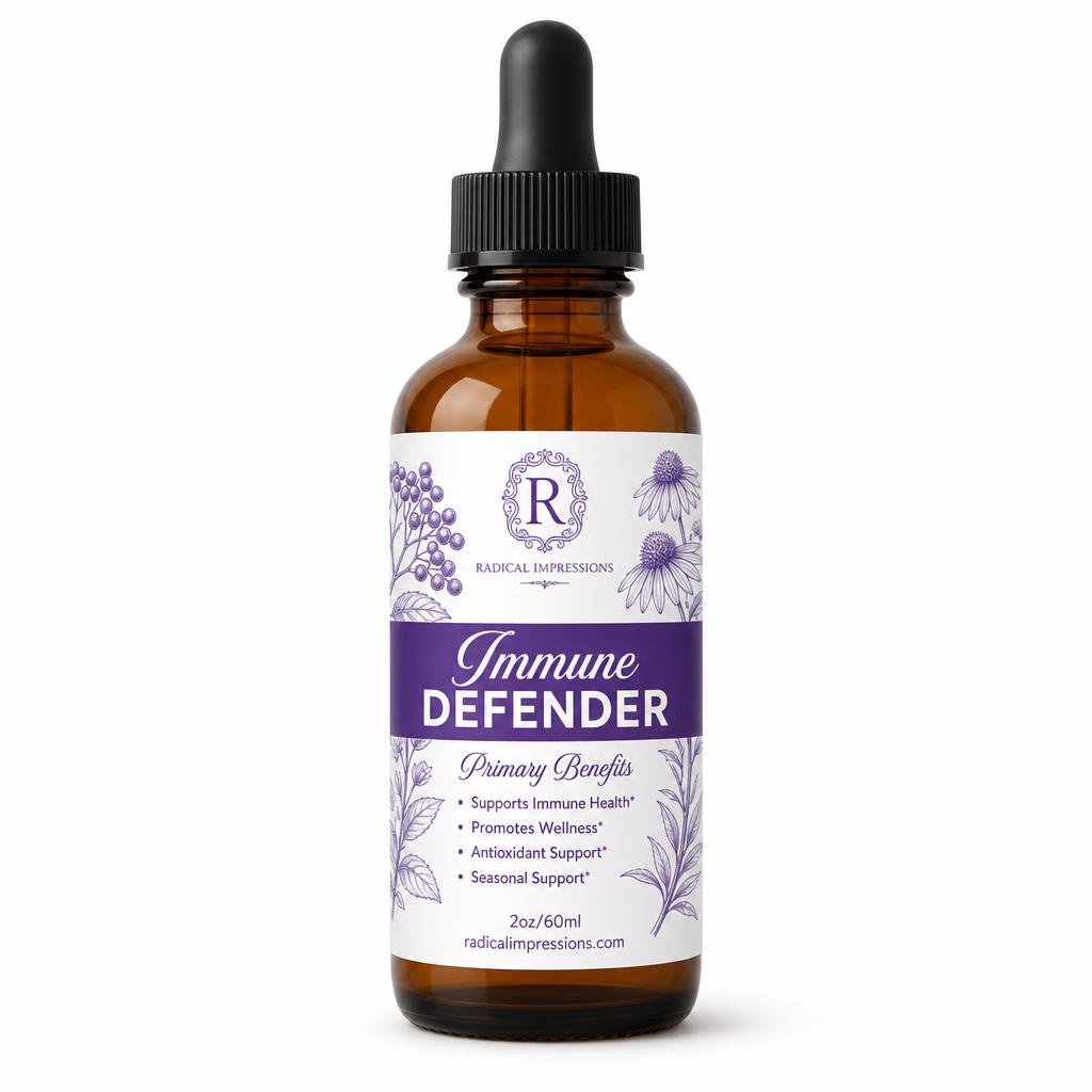 Immune Defender Tincture — amber glass dropper bottle with lavender botanical label